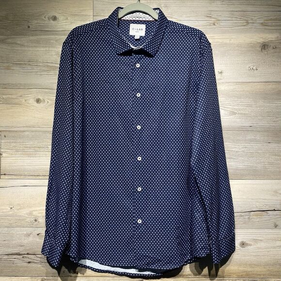 C-LAB NYC Slim Fit Shirt Button-Up 4-Way Stretch Men's XL  17.5 Blue Geometric - Picture 1 of 7
